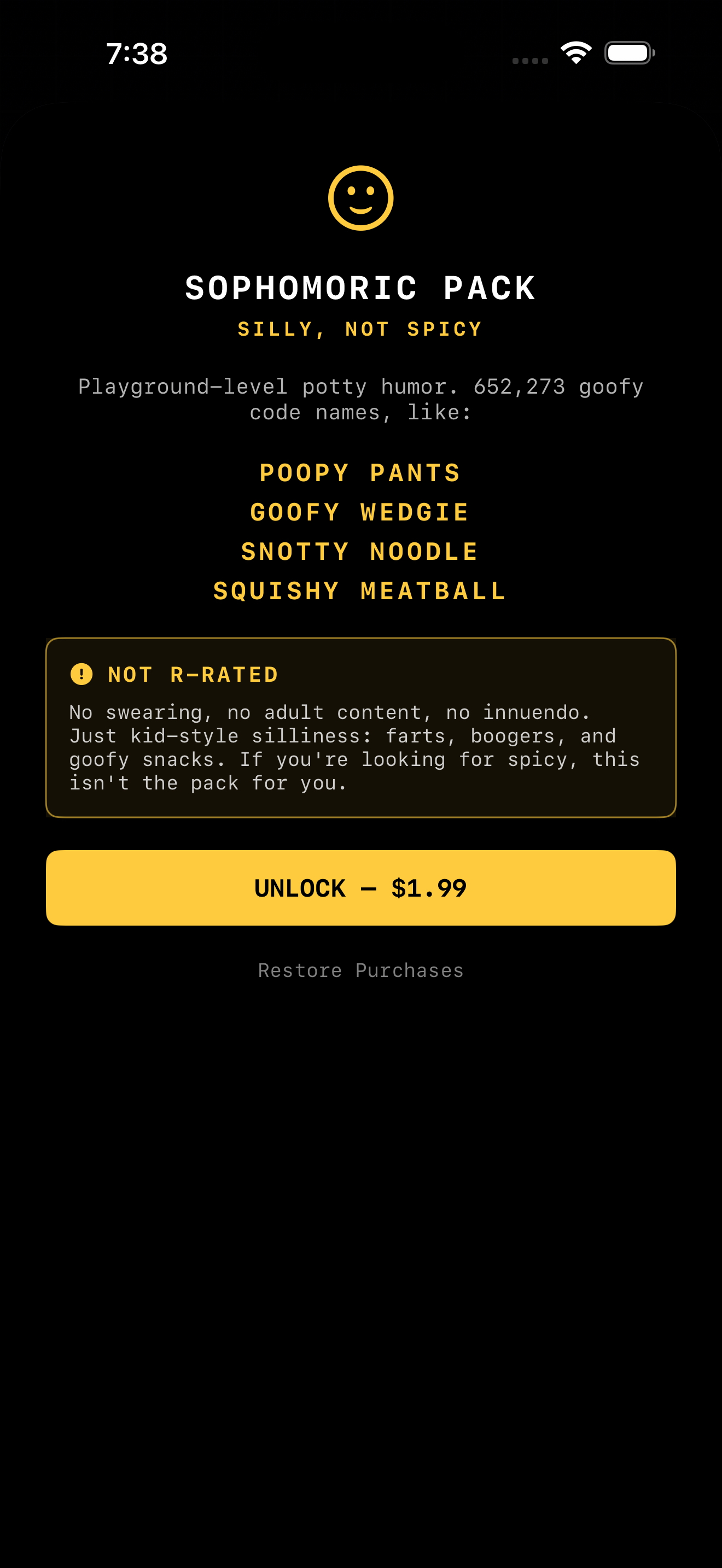 The Sophomoric Pack purchase screen: silly, not spicy, not R-rated